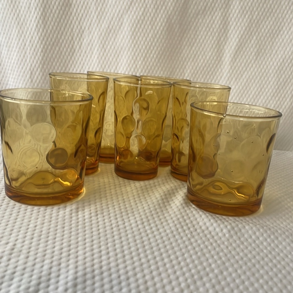 Vintage Hazel Atlas Amber El Dorado Thumbprint Assorted Glasses. Set of seven.